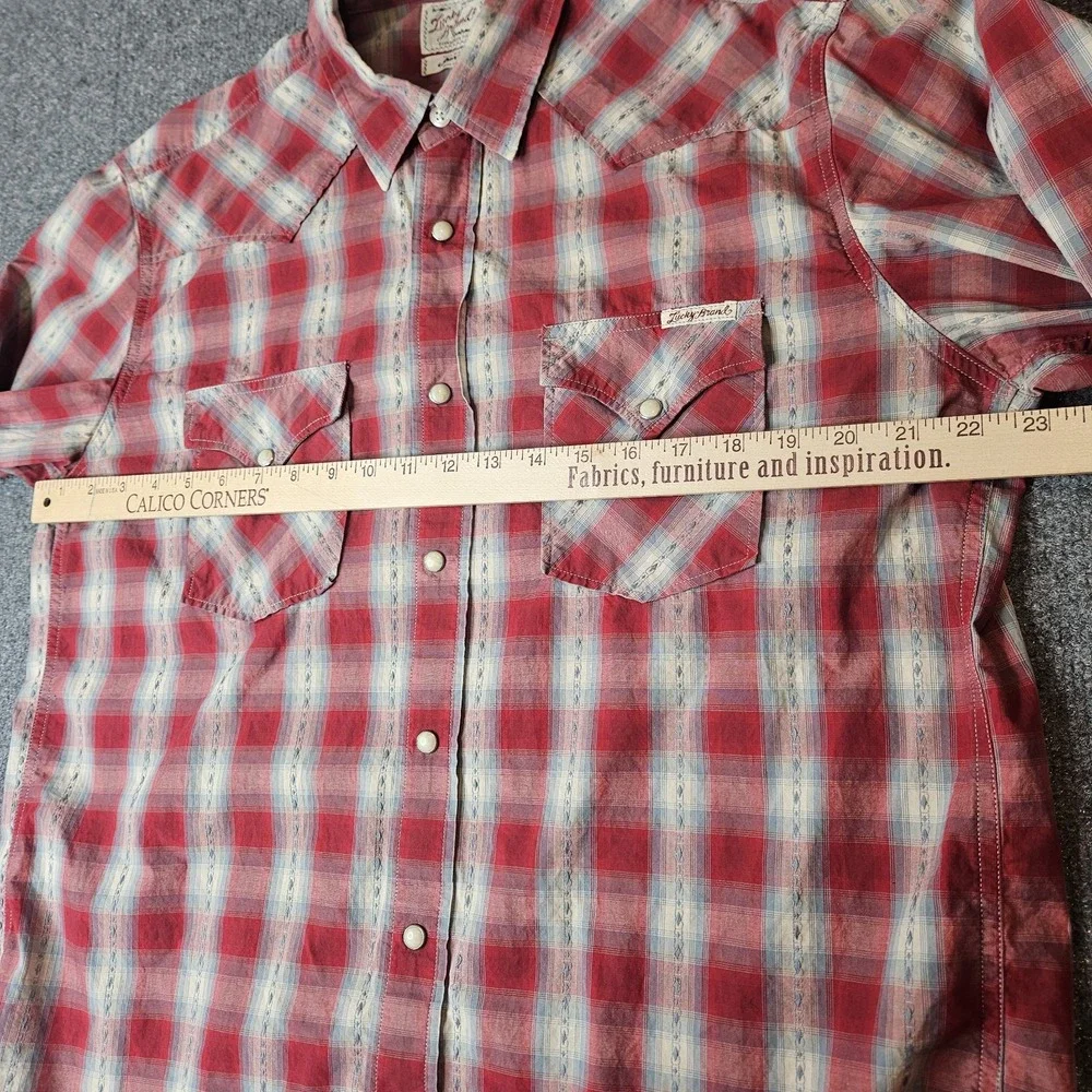 Lucky Brand Dungarees  Mens Pearlsnap Plaid L/S Shirt Size Large Red Western